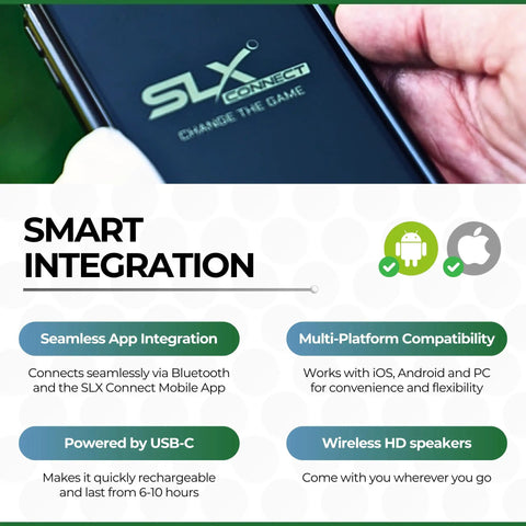 SLX Connect app on smartphone showcasing Hybrid Golf Launch Monitor For Ball Speed Club Speed Distance And Smash Factor features
