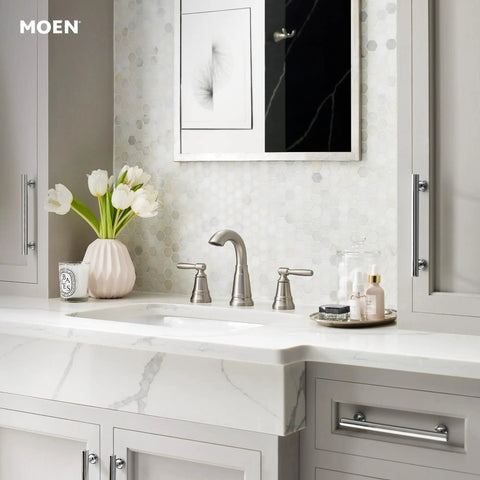 Halle Spot Resist Brushed Nickel Widespread Bathroom Faucet With Drain Assembly For 3 Hole Setups installed on marble sink