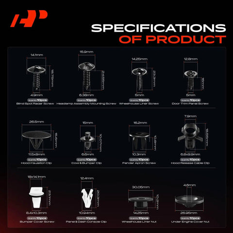 Specifications image for Heavy Duty 230 Piece Retainer Clip Kit Push Pin Fasteners for Kia Sorento 2016-2020 detailing sizes.