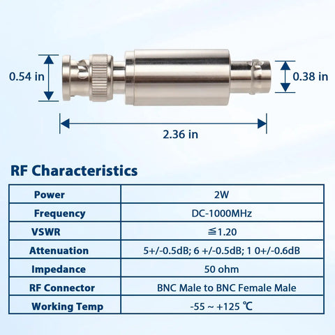 Coaxial RF Attenuator Ten DB 2W BNC Male To BNC Female Connector Fifty Ohm For Radio And Communications Applications specs.