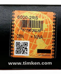 Box of 4 Pack 6000-2RS Double Rubber Seal Bearings 10x26x8mm with Chrome Steel Core, labeled with barcode and QR code.