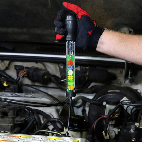 Person using Professional Ethylene Glycol Antifreeze Tester For Cars And Trucks, Disk Style Readout Of Freezing Point And Proper Water To Coolant Mixture in engine