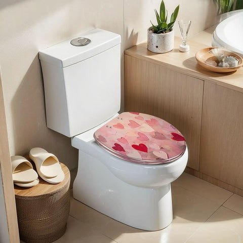 Fun Elongated Toilet Seat Resin for Bathroom Use with heart pattern, 18.5 inches long, displayed in a modern bathroom.