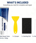 DIY Wall Repair Paste Kit With Scraper And Sandpaper Fast Drying Drywall Patch Paste For Holes And Cracks Multi Purpose Mending Paste 3 Piece Set With Nozzle Extender Ideal For Quick Home Wall Fixes, showing 250g paste tube, yellow scraper, sanding pad, and nozzle