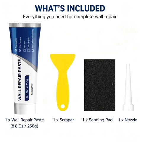 DIY Wall Repair Paste Kit With Scraper And Sandpaper Fast Drying Drywall Patch Paste For Holes And Cracks Multi Purpose Mending Paste 3 Piece Set With Nozzle Extender Ideal For Quick Home Wall Fixes, showing 250g paste tube, yellow scraper, sanding pad, and nozzle