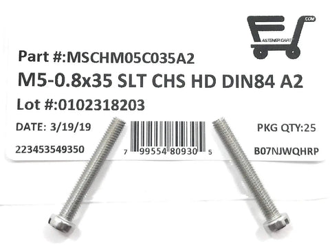 Top Shelf M5 X35 Stainless Steel Slotted Cheese Head Machine Screws Din84 A2-70 heavy duty fasteners in packaging.