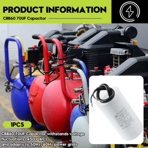 70uF Motor Run Capacitor For 450V AC Systems, Round Cylindrical Metallized Polypropylene Film With Two Leads