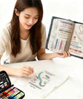 Woman using DIY Embroidery Stitch Book Kit With 106 Illustrated Stitches, Free Tutorials, 86-Piece Sewing Tool Kit on table.
