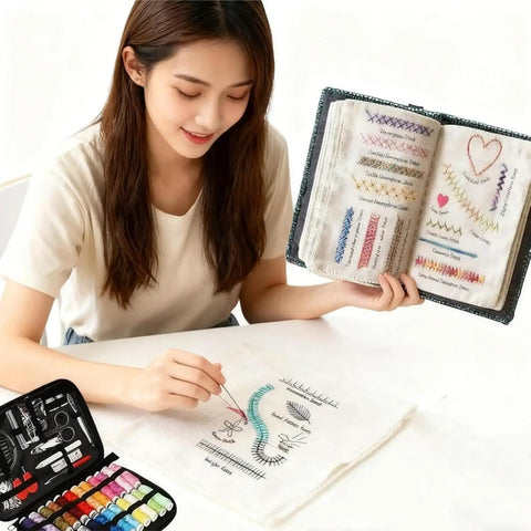 Woman using DIY Embroidery Stitch Book Kit With 106 Illustrated Stitches, Free Tutorials, 86-Piece Sewing Tool Kit on table.