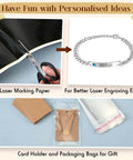 Quelay laser engraving kit; silver bracelet with engraved plate, laser-marking paper, and gift packaging.