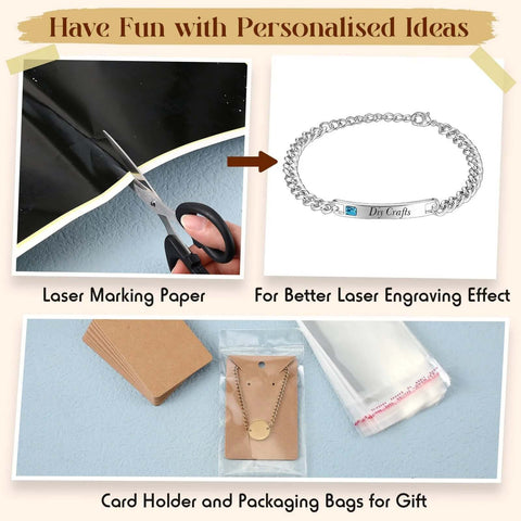 Quelay laser engraving kit; silver bracelet with engraved plate, laser-marking paper, and gift packaging.
