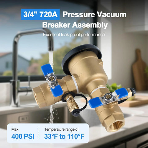 Front view of brass 3/4 in pressure vacuum breaker assembly with blue-handled shutoff valves for lawn irrigation