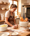 Woman baking with 30 Set Bulk Oval Banneton Bread Proofing Baskets With Cloth Liners Natural Rattan Dough Bowls in a kitchen