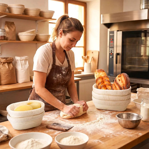 Woman baking with 30 Set Bulk Oval Banneton Bread Proofing Baskets With Cloth Liners Natural Rattan Dough Bowls in a kitchen