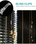 Thirty Piece Set Of Transparent Valance Clips For Window Blinds 2.5 Inch Hidden Track Holders close-up of clear clip on black blinds.