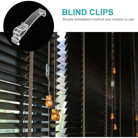 Thirty Piece Set Of Transparent Valance Clips For Window Blinds 2.5 Inch Hidden Track Holders close-up of clear clip on black blinds.