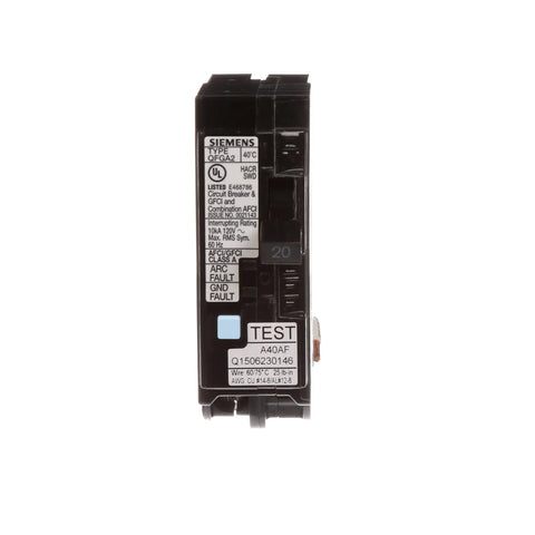 Q120DF 20 Amp AFCI GFCI Dual Function Circuit Breaker front view showing labels and LED Trip Indicator, UL Type QFGA2 Compatible