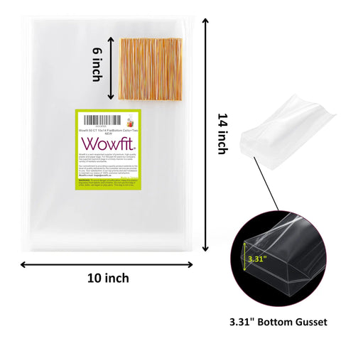 Clear Bottom Gusset Cellophane Gift Bags 10x14 Inches, 50 Count With 6 Inch Gold Twist Ties shown with dimensions and gusset detail