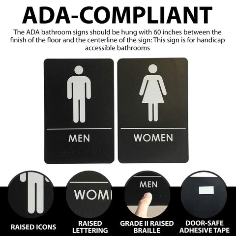 ADA Compliant Restroom Door Signs For Offices, Businesses, And Restaurants, Mens And Womens Bathroom Signs In Black