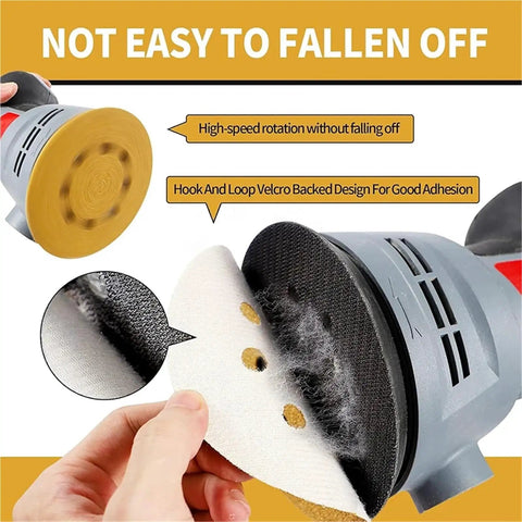 Heavy Duty 5 Inch Yellow Sanding Discs With Hook And Loop Velcro Backing Set Of 50 Pieces Premium Aluminum Oxide Abrasive Paper for secure attachment.