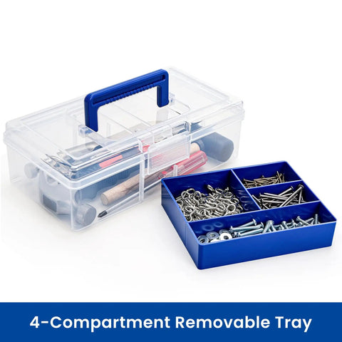 Two Pack Small Plastic Tool Box With Handle 2 Layer Clear Organizer With Removable Divider and Blue Tray
