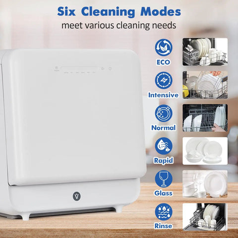 No Sweat Setup Portable Countertop Dishwasher With Five Liter Tank And Faucet Hose six cleaning modes overview and design.