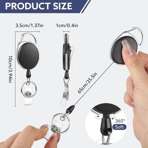 20 Pack Retractable Badge Reels With Carabiner, showing dimensions and extendable cord with hands demonstrating use