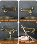 ZBSAVFM Foldable Wall Mount Kitchen Faucet Brass Construction 720° Rotating Extendable Design Easy Installation Over Stove Perfect for Sink Use showing four angles with right-hand, left-hand, and front-facing water outlets.