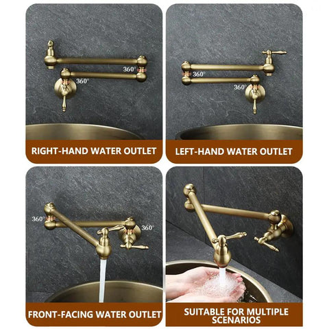 ZBSAVFM Foldable Wall Mount Kitchen Faucet Brass Construction 720° Rotating Extendable Design Easy Installation Over Stove Perfect for Sink Use showing four angles with right-hand, left-hand, and front-facing water outlets.