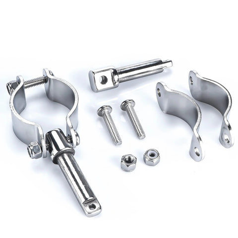 Two 316 stainless steel clamp-on oarlock brackets with mounting bolts and nuts for boat rowlocks.