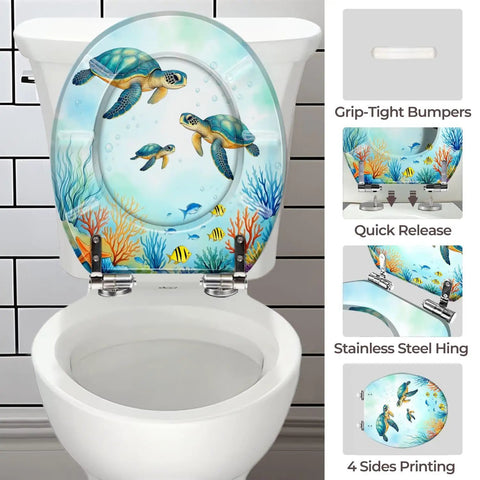Toilet Seat Round Resin for Bathroom with sea turtle design, featuring grip-tight bumpers and stainless steel hinges.