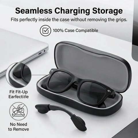 Meta Ear Grip For Ray-Ban Gen 2 Smart Glasses shown with seamless storage case, ear grips fit Wayfarer Skyler securely in closed case.