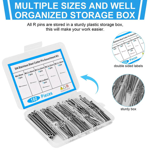 180 Piece Premium 304 Stainless Steel Cotter Pin Set With Six Size Assortment in open storage box