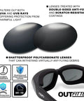 Padded Motorcycle Safety Glasses That Fit Over Prescription Glasses, Anti Fog Coating, Smoke Lens, ANSI Z87.1 Approved shown with features