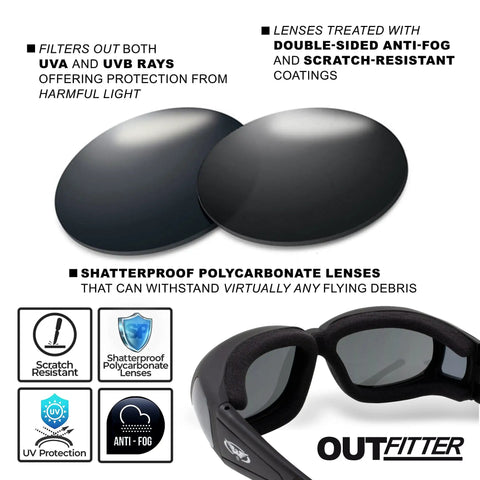 Padded Motorcycle Safety Glasses That Fit Over Prescription Glasses, Anti Fog Coating, Smoke Lens, ANSI Z87.1 Approved shown with features