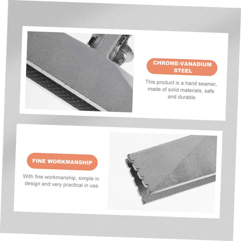 Close-up of chrome-vanadium steel hand seamer tool with straight jaw bender for metal bending and flattening sheets.
