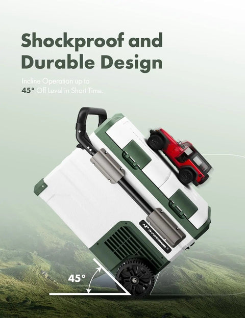 Dual Zone 39 Quart 12 Volt Portable Car Refrigerator With Independent Temp Control displayed at a 45° angle with toy vehicle.