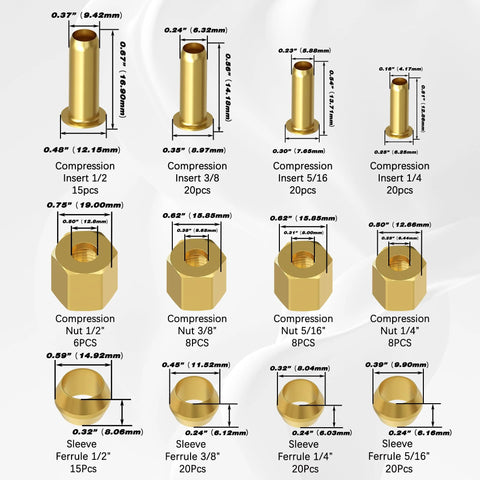 Brass compression fittings kit with inserts, nuts and ferrules in 1/4, 5/16, 3/8 and 1/2 in sizes, 180 pcs