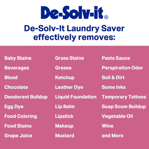 List of stains removed by De-Solv-it Laundry Saver, including grease, wine, and makeup. Orange Sol Laundry Saver Stain Slayer Spray.