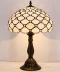 Tiffany Style Cream Amber Stained Glass Table Lamp With Bead Accents for a Lit Desk or Bedside Vibe, 12 Inch Shade, 18 Inch Tall