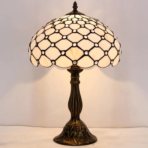 Tiffany Style Cream Amber Stained Glass Table Lamp With Bead Accents for a Lit Desk or Bedside Vibe, 12 Inch Shade, 18 Inch Tall