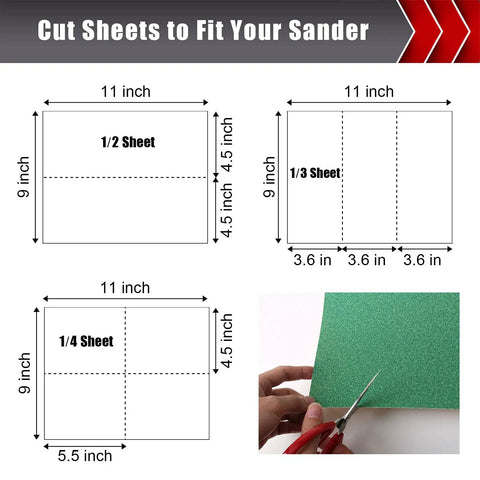 Diagram showing cutting instructions for Sandpaper Set 25 Pcs Assortment, 5 Sheets Each Of Grit 80 120 150 220 320, 9 By 11 Inch Sheets