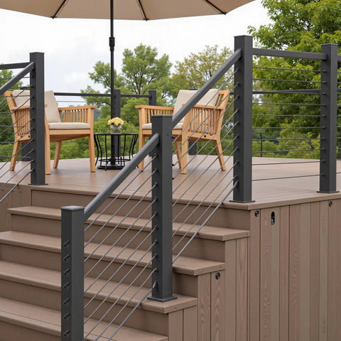 Deck with Pack Of 50 One Eighth Inch Black T316 Stainless Steel Invisible Cable Railing Kit With Swage Stud Ends For Decks Stairs