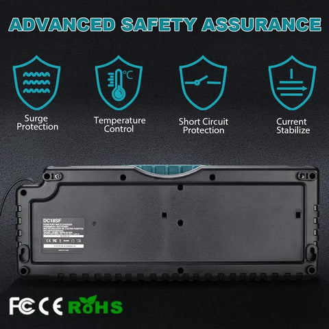 Back view of Four Port 18V Battery Charger With Quick Charge And Dual USB Ports showing safety features and certifications.