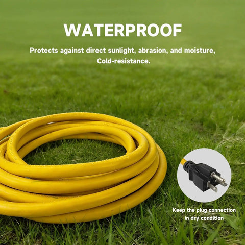 Heavy Duty 50 Feet 12/3 SJTW Outdoor Extension Cord NEMA 6 20 P R 20A 250V Yellow 12 Gauge Copper Power Cable For Indoor And Outdoor Use Tools And Equipment Weatherproof And Rugged T Blade Female Connector coiled on grass