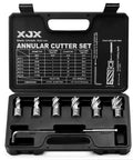 XJX 8-piece annular cutter set in black case; eight silver cutters with pilot pin and hex wrench