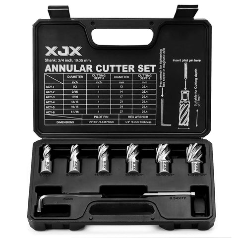 XJX 8-piece annular cutter set in black case; eight silver cutters with pilot pin and hex wrench