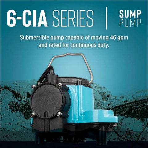 Automatic Submersible Sump Pump 115 Volt 1/3 HP Cast Iron, 2760 GPH With Integral Diaphragm Switch, blue unit in water.