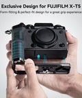 X T5 L Shape Grip With Built In Arca Quick Release Plate For Fujifilm X T5 Camera shown in hand with easy access design