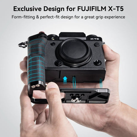 X T5 L Shape Grip With Built In Arca Quick Release Plate For Fujifilm X T5 Camera shown in hand with easy access design